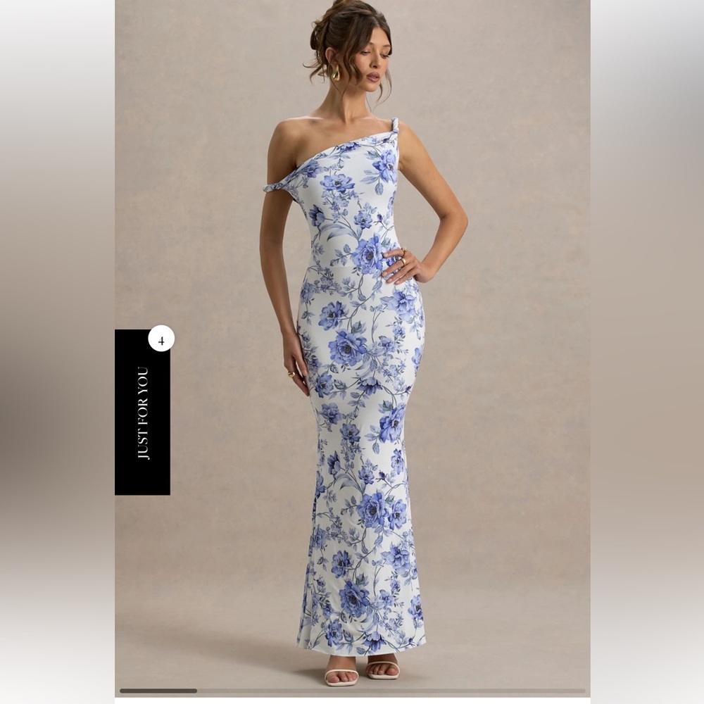 Club L London Blue and White One Shoulder Bodycon Maxi Dress